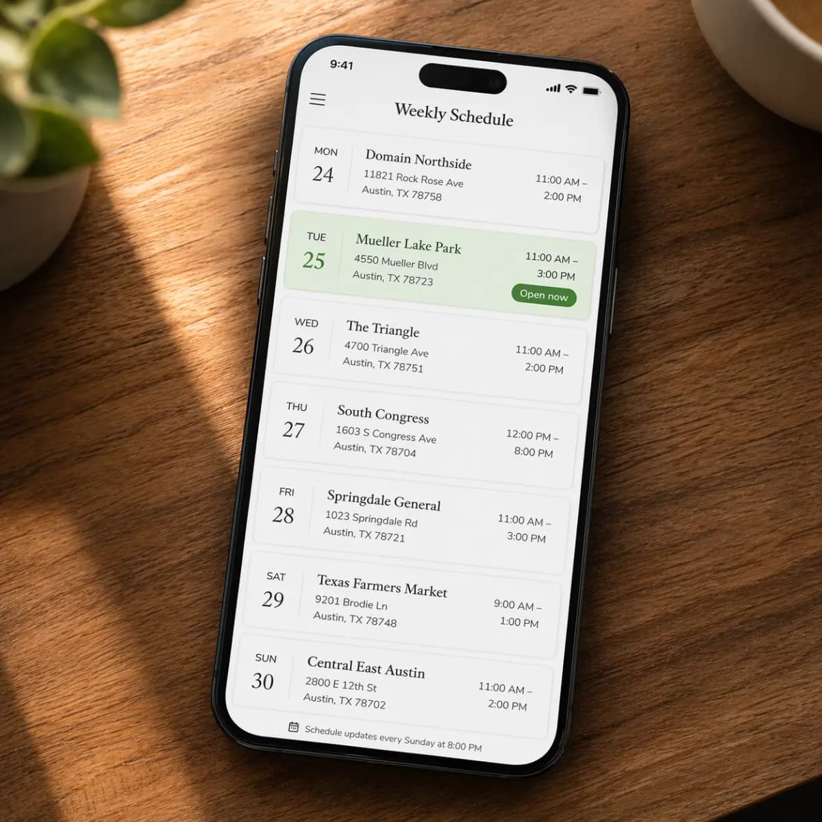Food truck weekly schedule with calendar