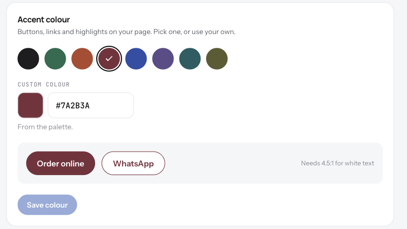 The eight accent swatches, a custom colour field and the contrast line under them