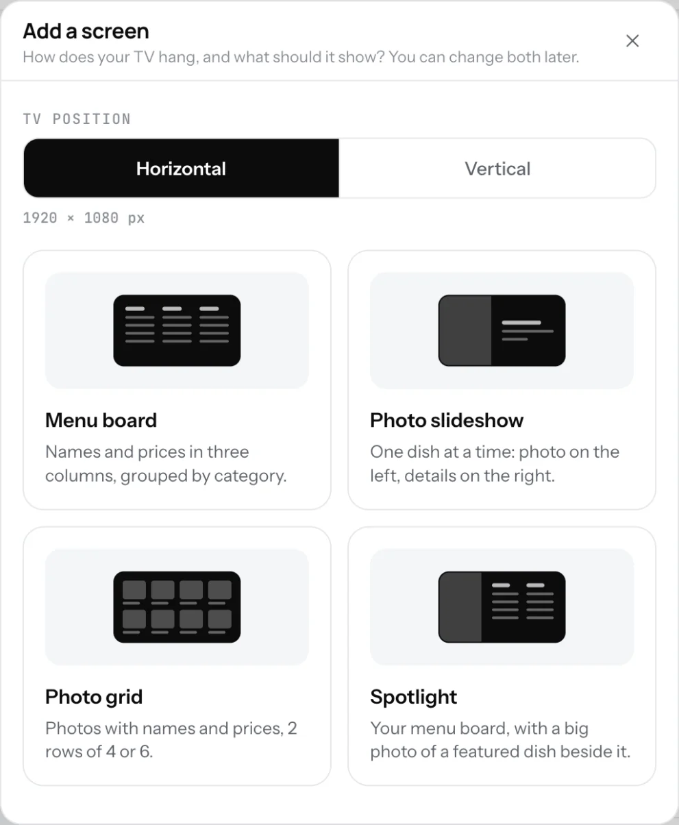 The Add a screen panel with the Horizontal and Vertical toggle and one card per design