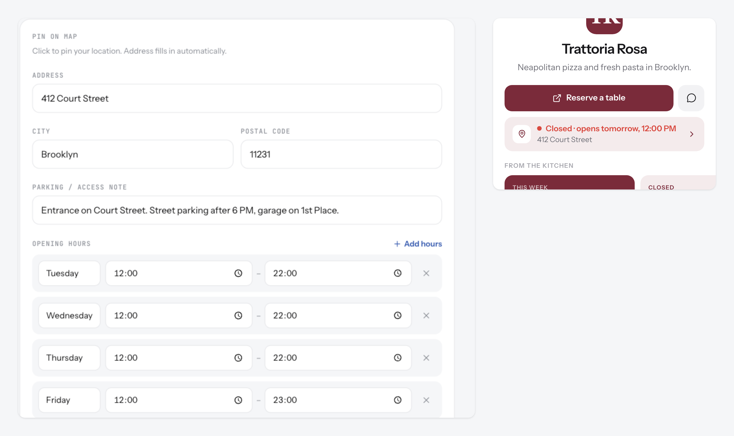 The Location tab with a pinned map, the address fields and a week of opening hours