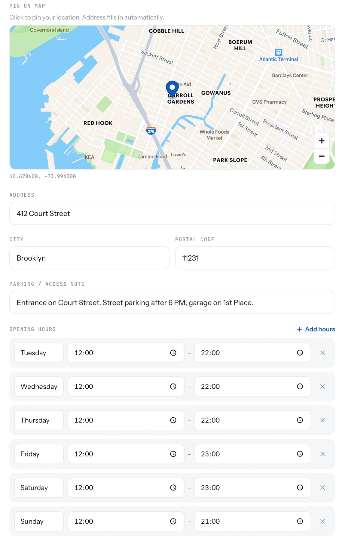The Location tab with a pinned map, the address fields and a week of opening hours