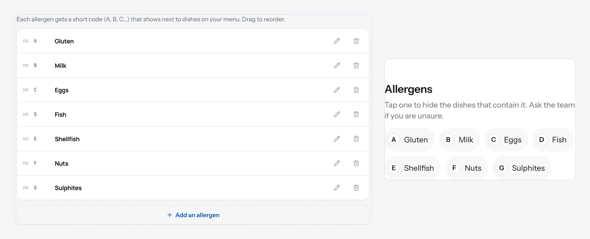 The Allergens tab with codes A to D, and the legend as guests see it on the page