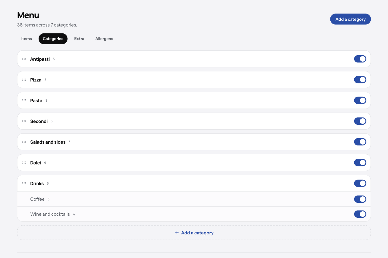 The Categories tab with Starters, Mains, Drinks and a sub-category under Drinks