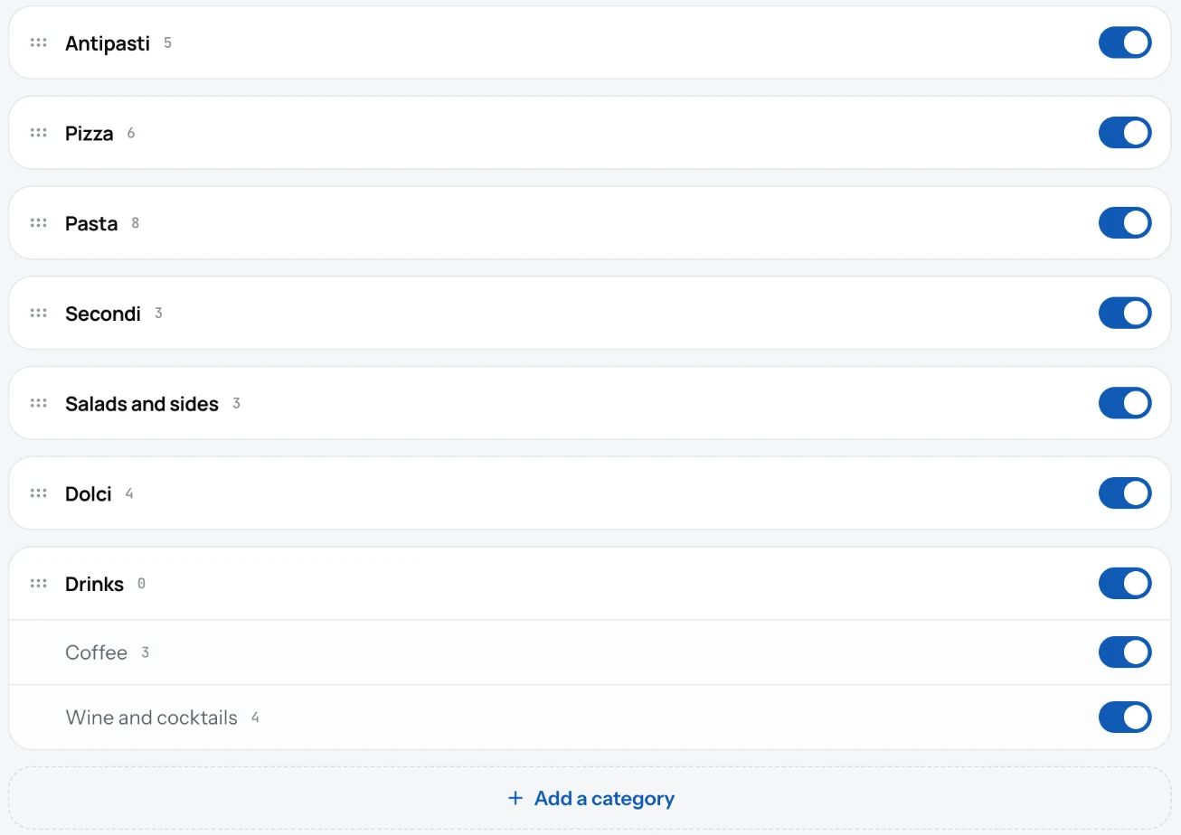 The Categories tab with Starters, Mains, Drinks and a sub-category under Drinks
