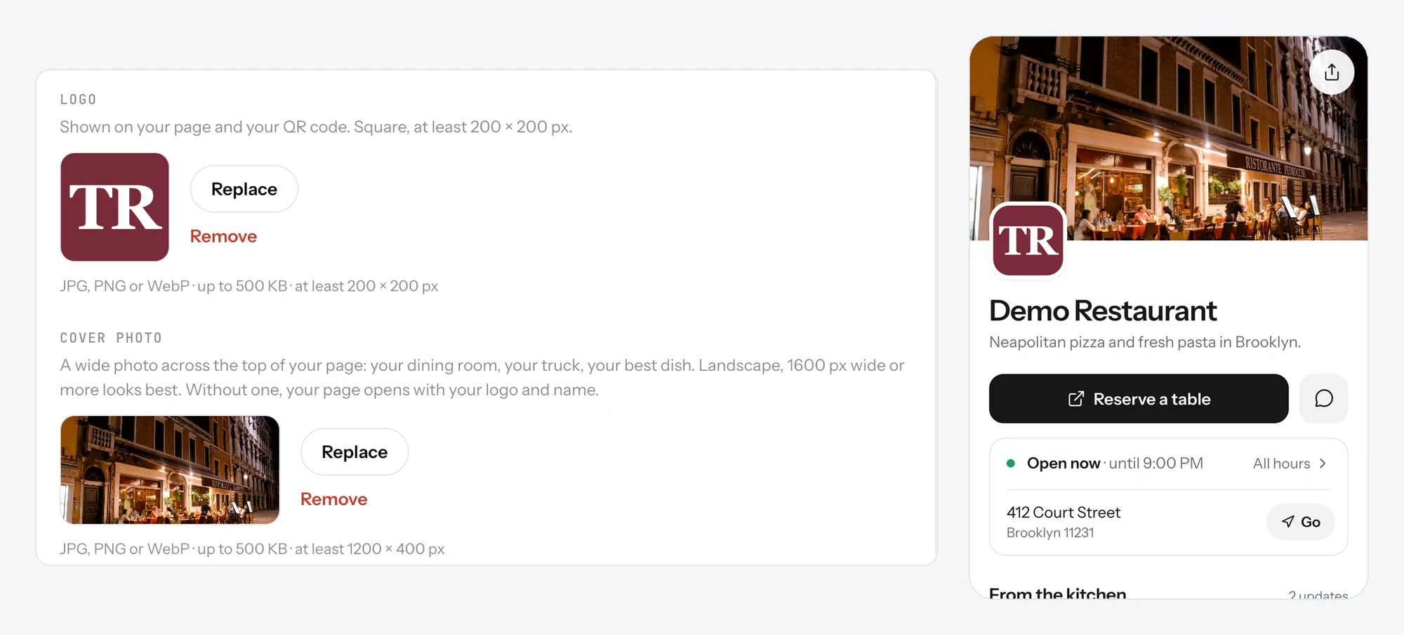 The Settings images form with the logo and the cover photo uploader, and a page opening with the cover photo