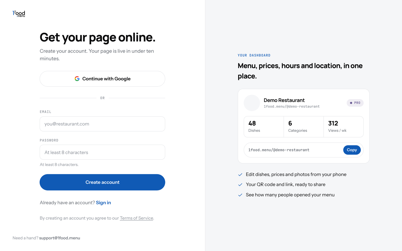 The sign up form with the Google button, an email field and a password field