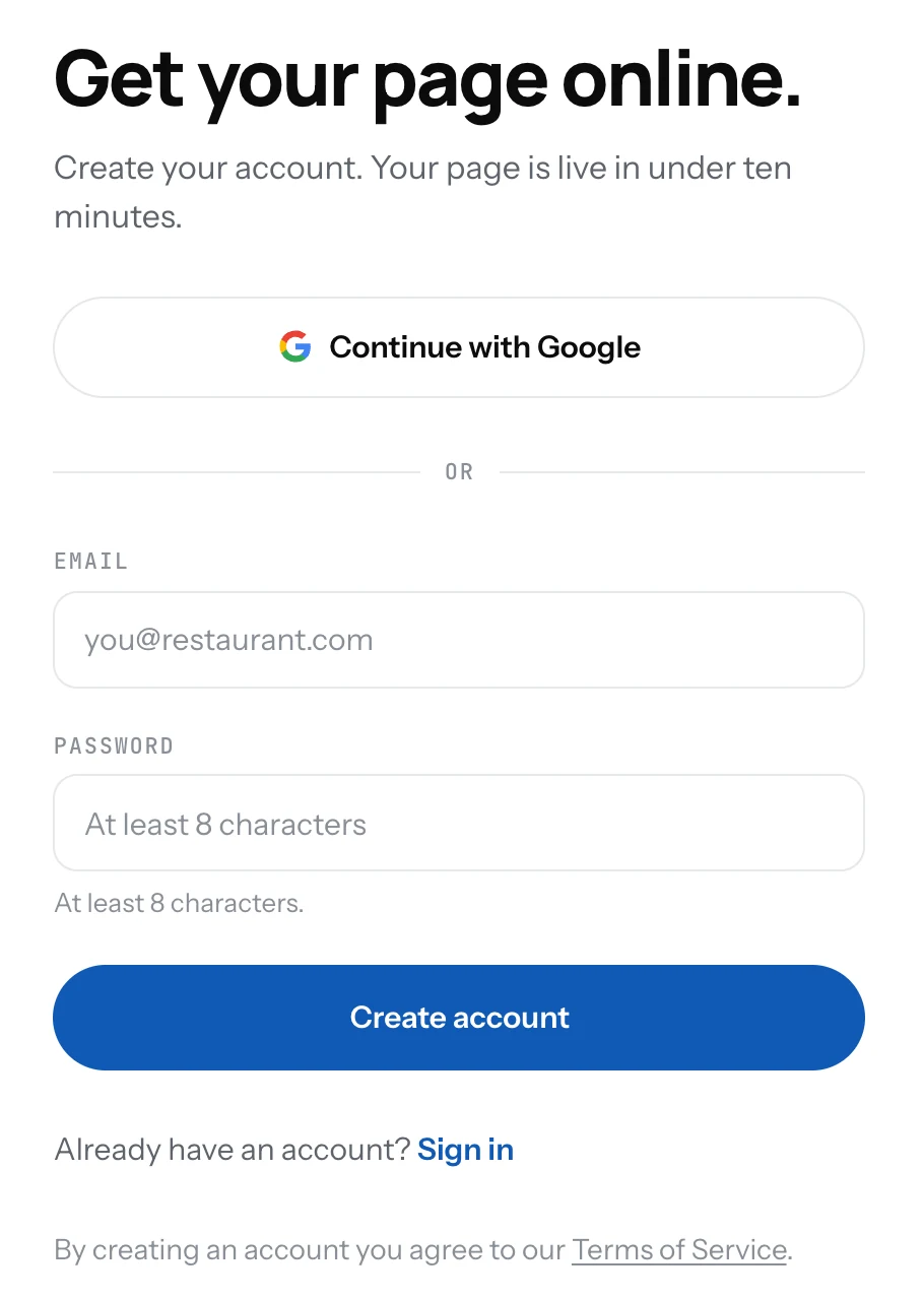 The sign up form with the Google button, an email field and a password field