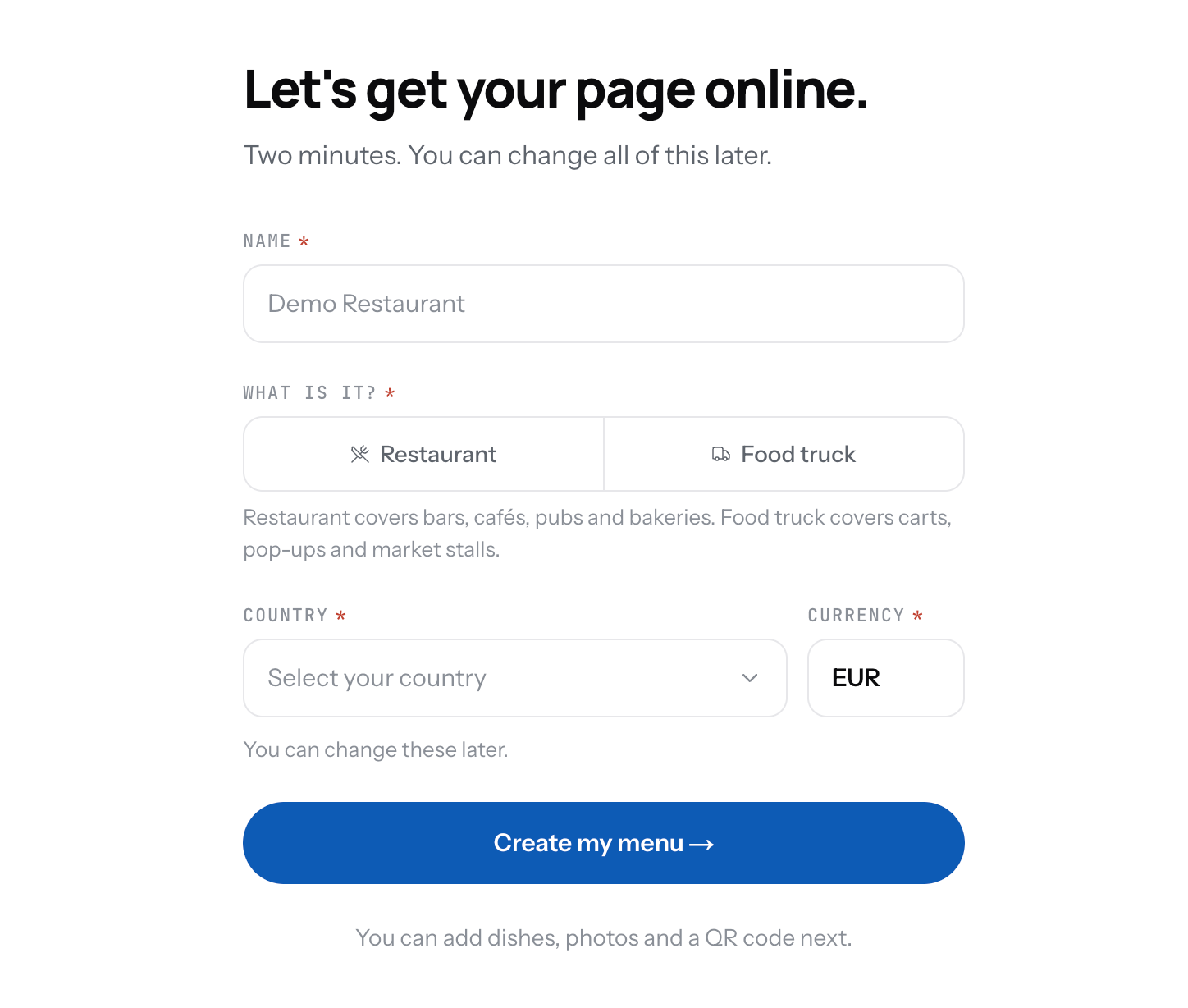 The create your page form with name, restaurant or food truck, country and currency filled in