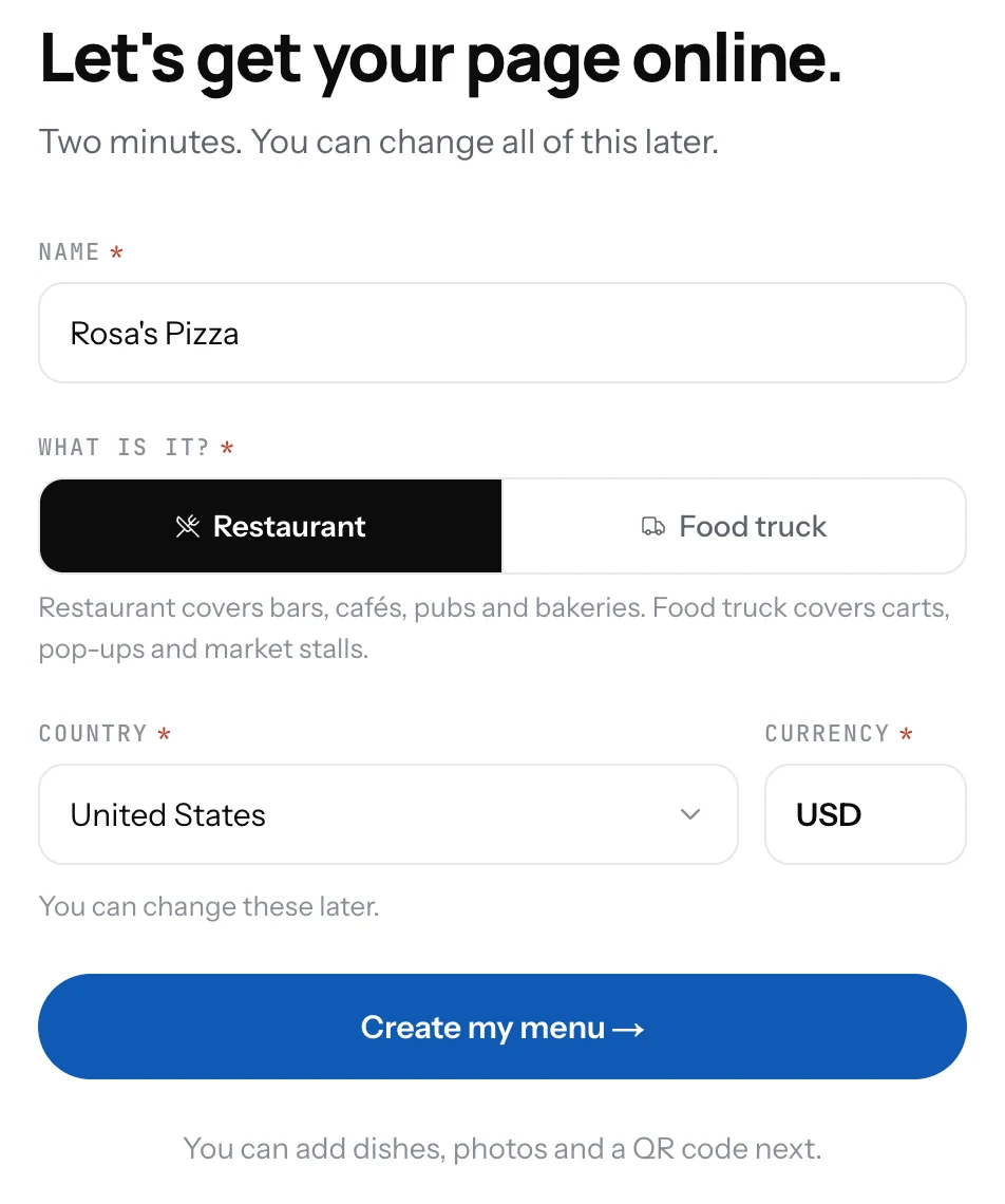 The create your page form with name, restaurant or food truck, country and currency filled in