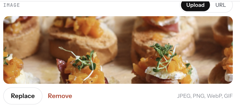 The image field in the item editor with a photo of a salad already set