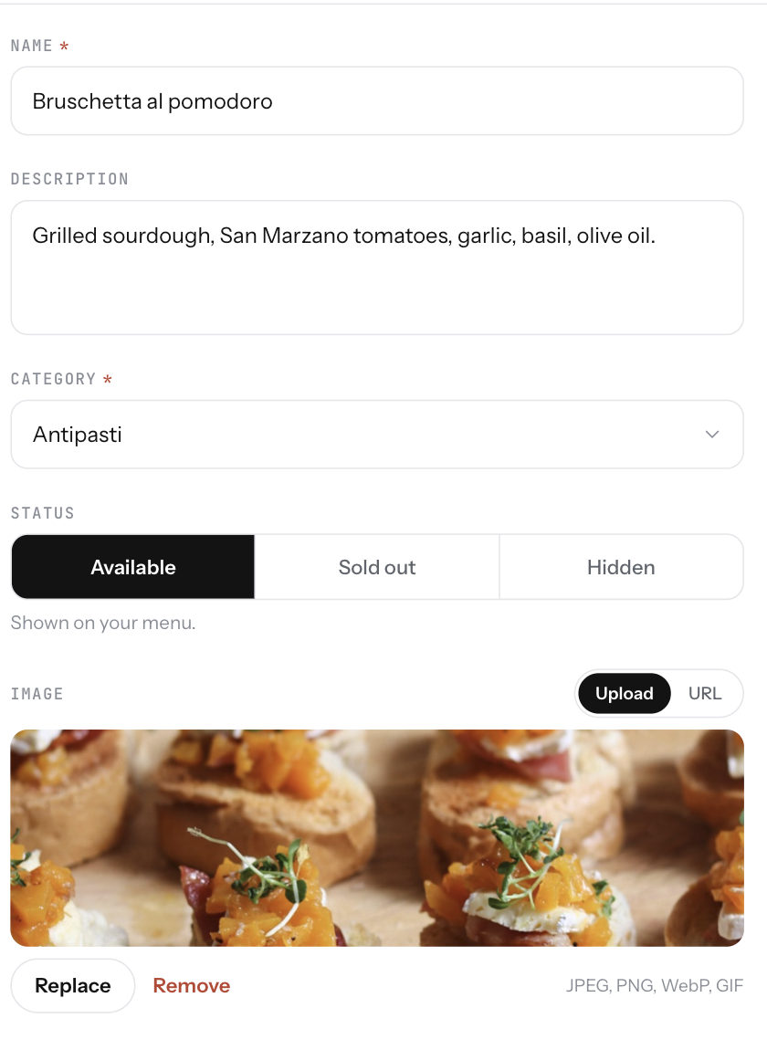 The item editor with name, description, category, status and price filled in