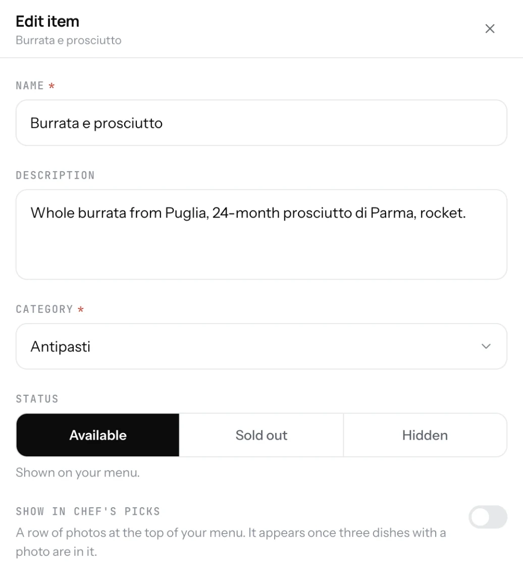The item editor with name, description, category, status and price filled in