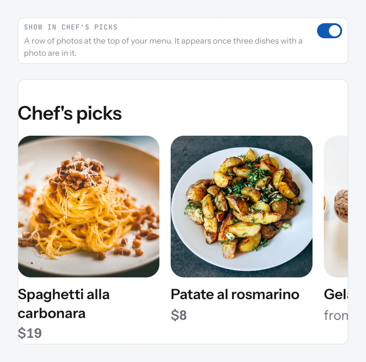 The dish editor with the Show in Chef's picks switch turned on, and the row of featured dishes on the public page