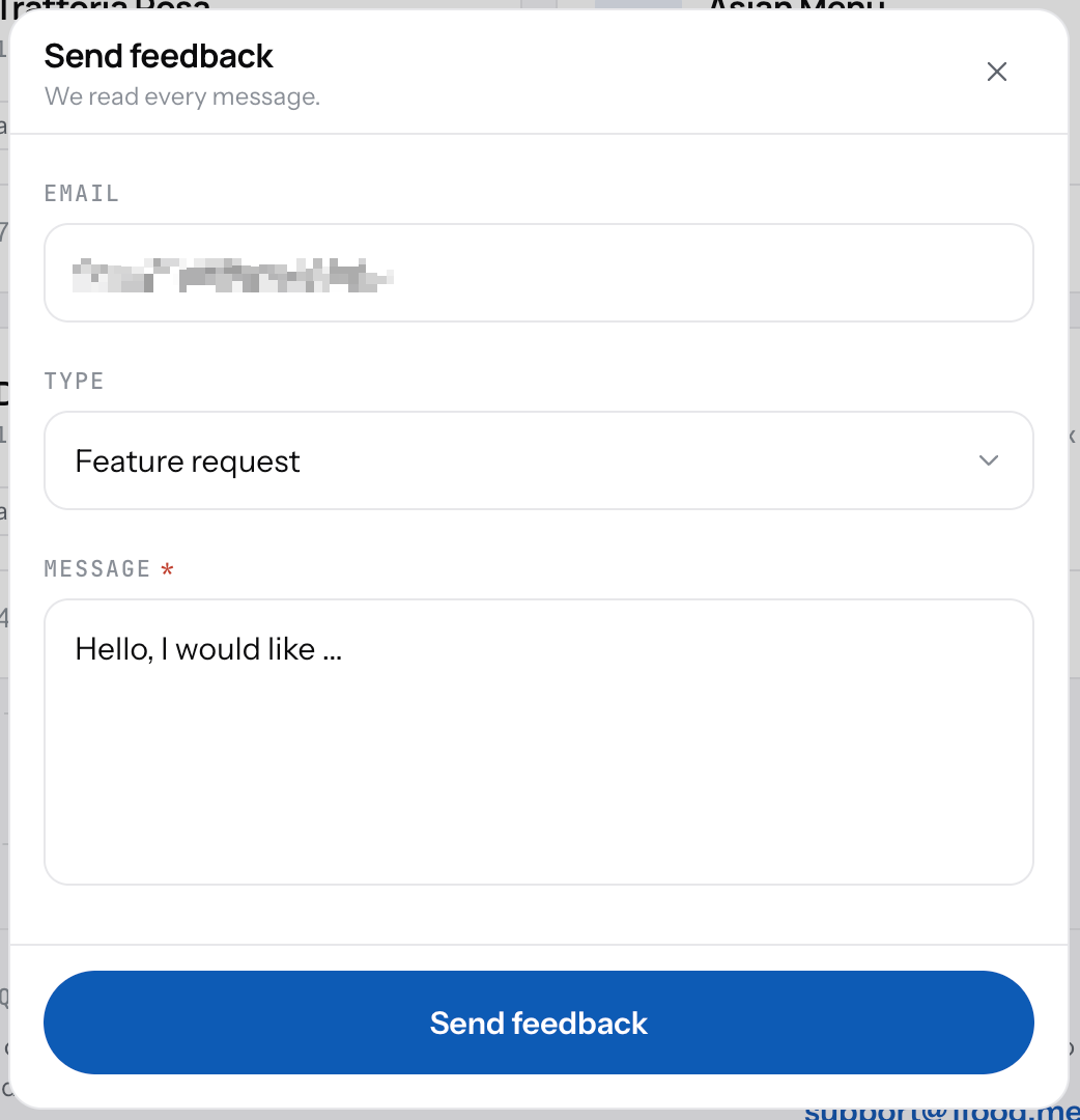 The Send feedback dialog with email, the type choice between feature request and bug report, and the message field
