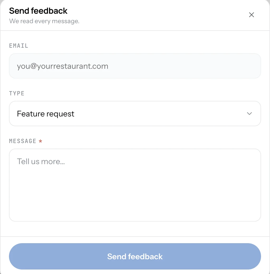 The Send feedback dialog with email, the type choice between feature request and bug report, and the message field
