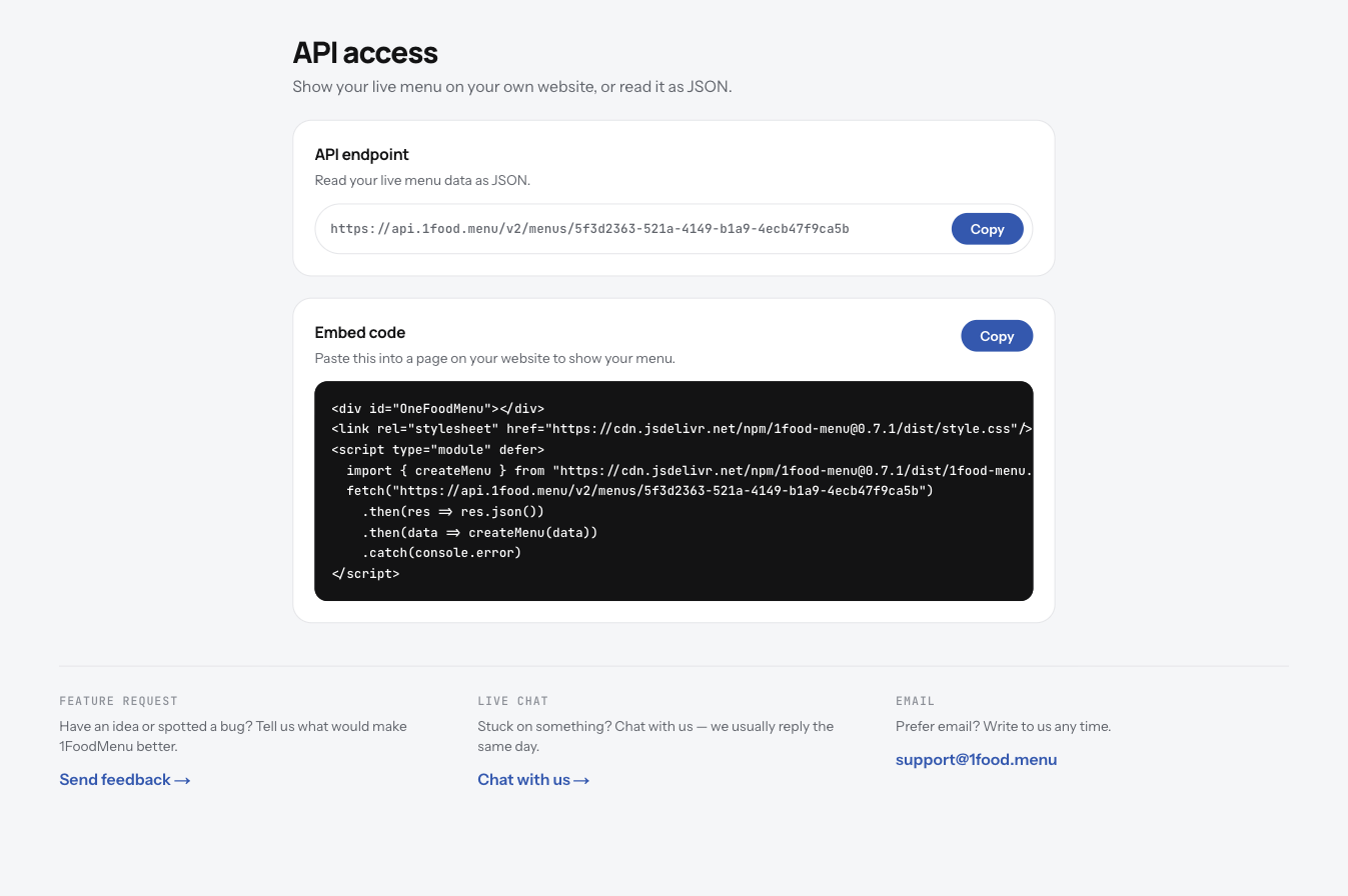The API access screen with the code to copy and the address of the menu data