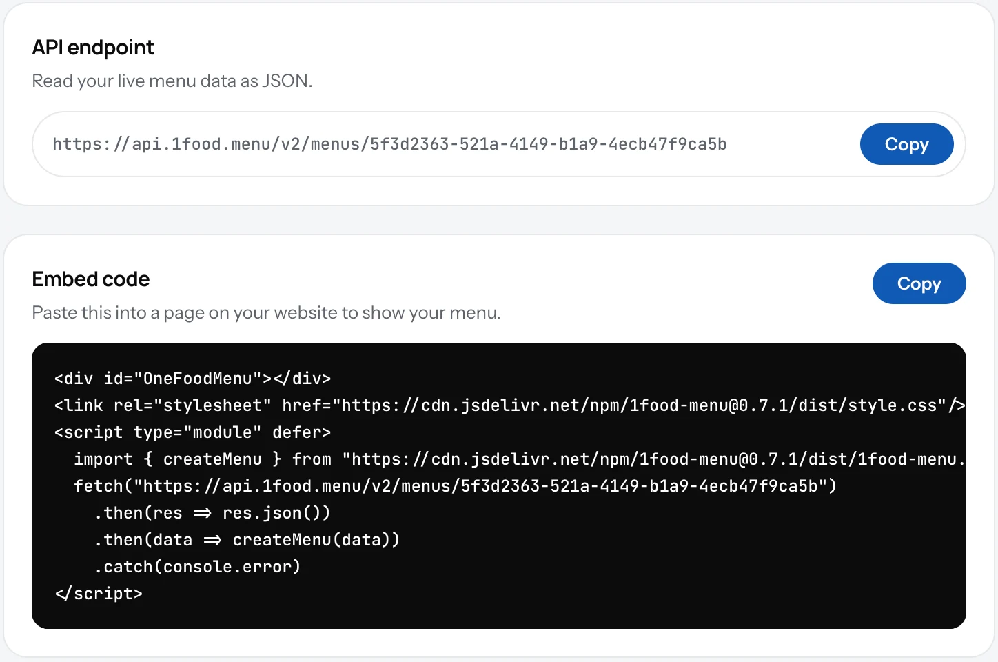 The API access screen with the code to copy and the address of the menu data