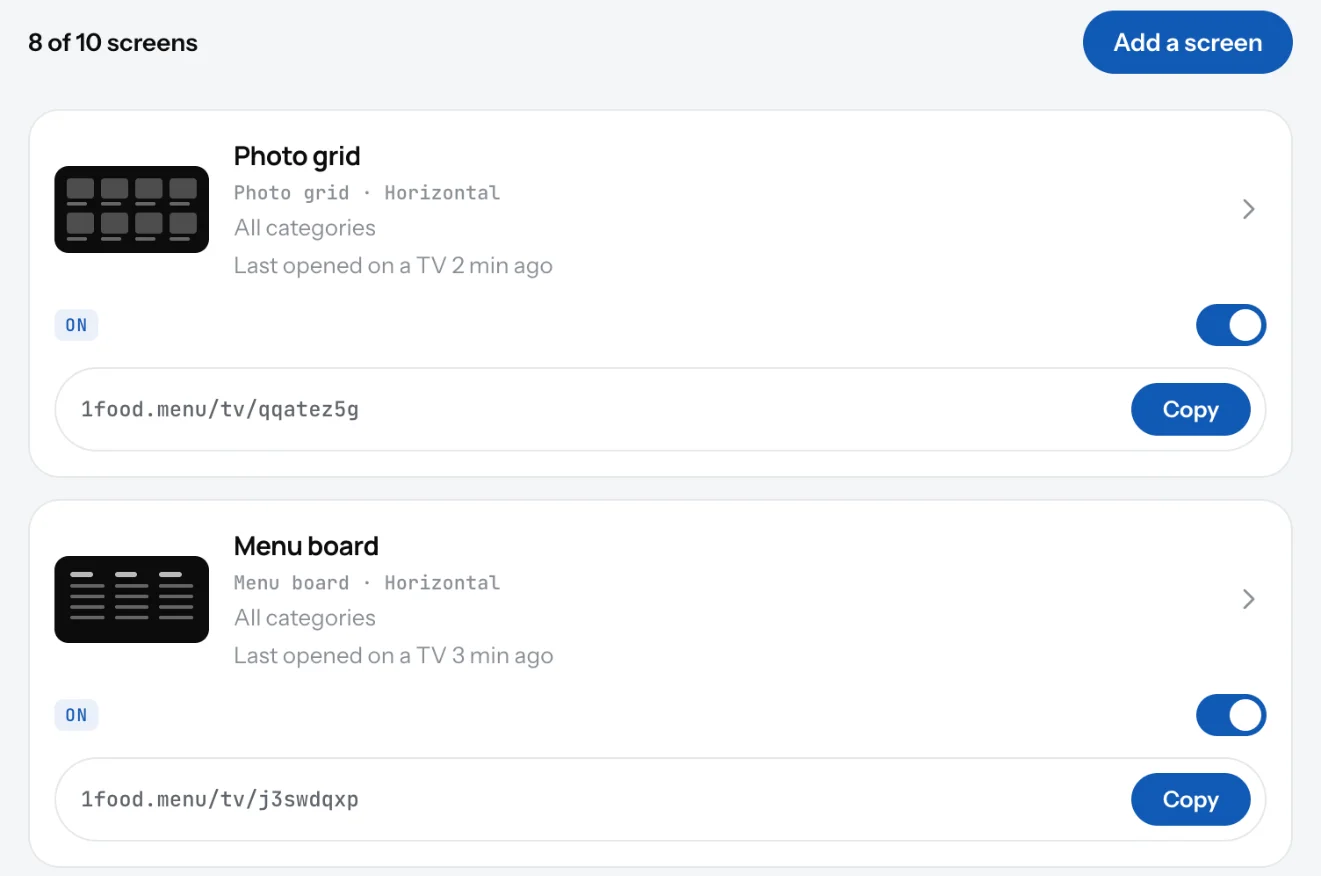 The TV page in the Dashboard with two screens, each with a thumbnail, its design, its categories and its link