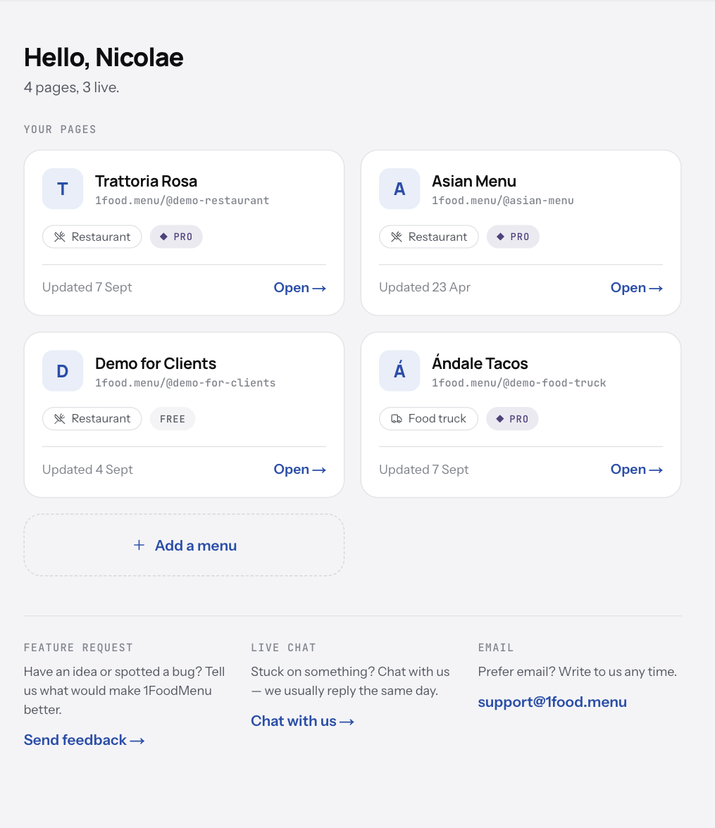 The Your pages list with two pages and an Open button on each