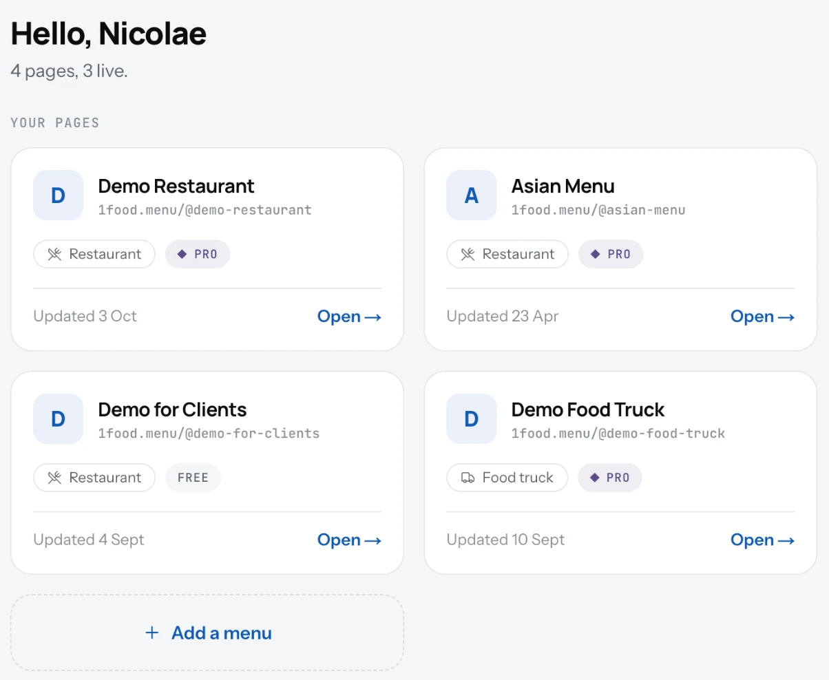 The Your pages list with two pages and an Open button on each