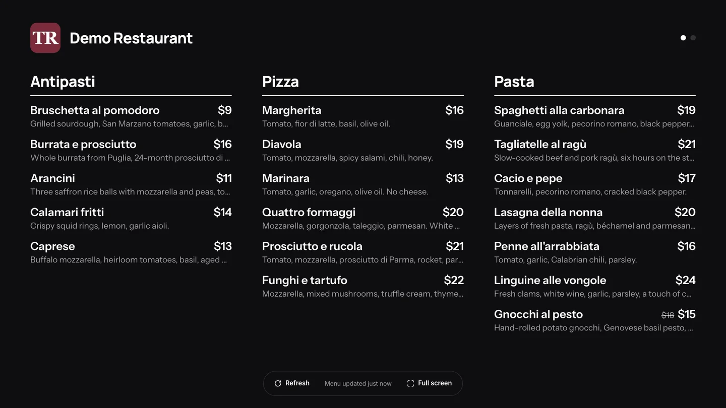 A TV showing a menu board with the control bar at the bottom: Refresh, Menu updated 5 min ago, Full screen