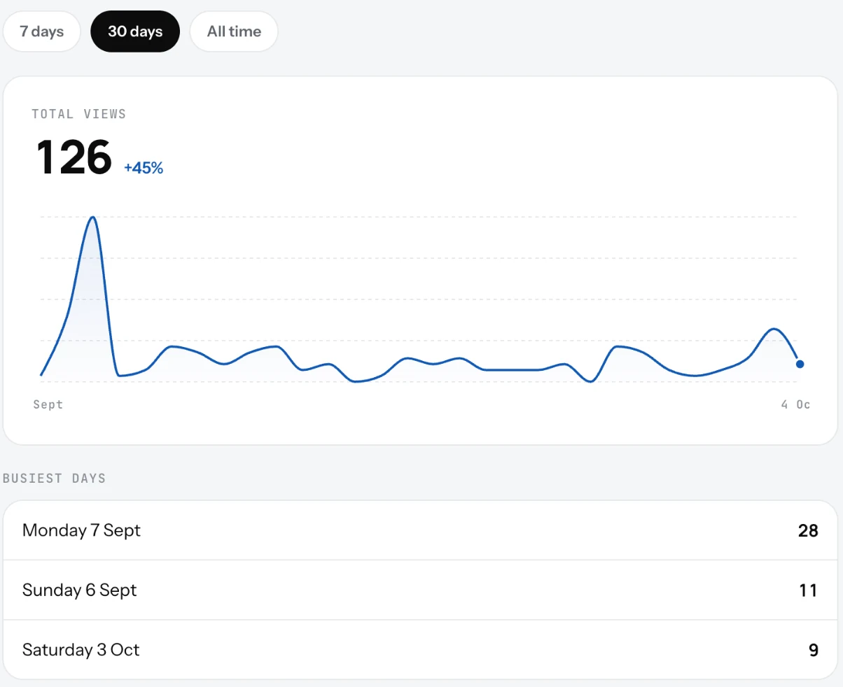 The Page views screen on 30 days with the total, the change, a daily line chart and the busiest days