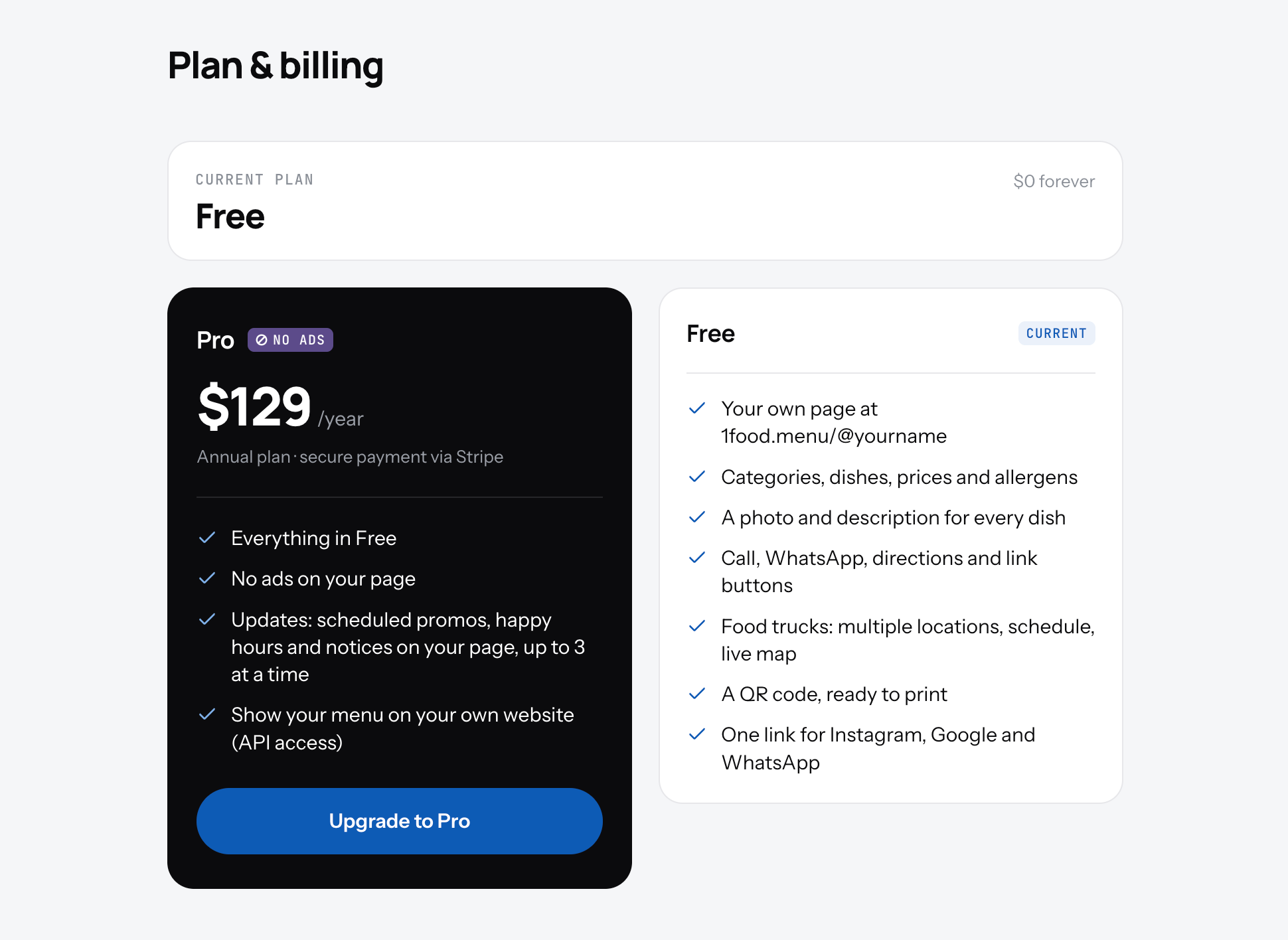 The Plan and billing screen with the current plan, the renewal date and the two plan cards side by side