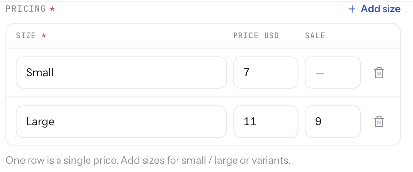 The pricing block with two sizes, Small and Large, and a sale price on Large