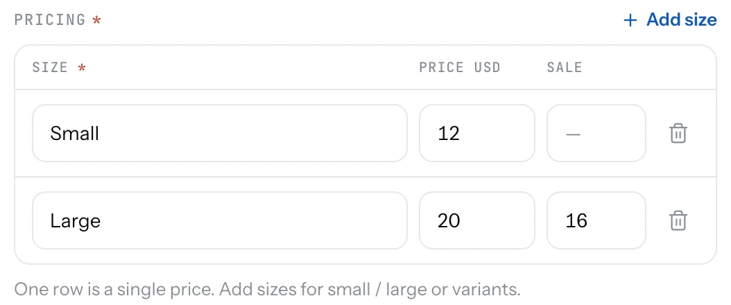 The pricing block with two sizes, Small and Large, and a sale price on Large