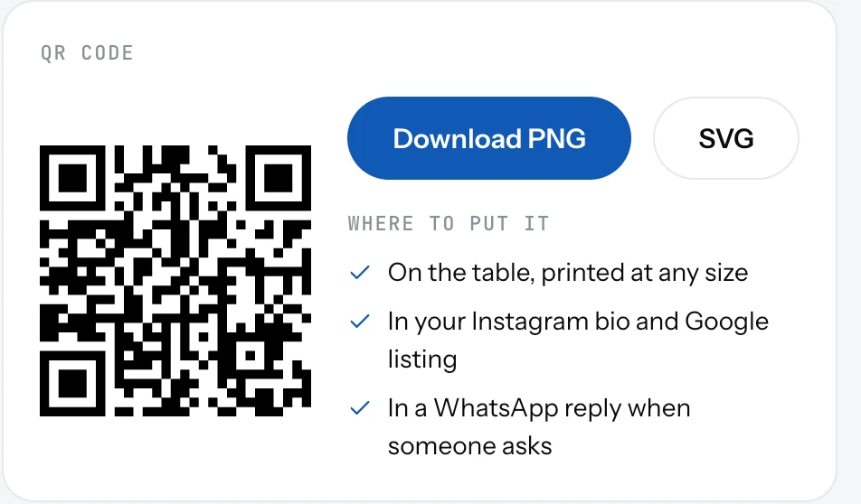 The QR code card with the code, the two download buttons and the Where to put it list