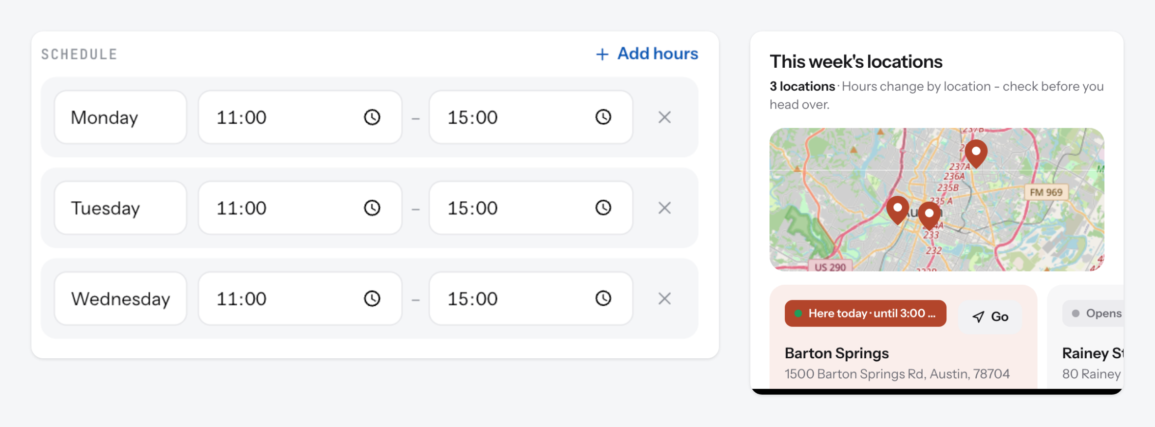 Schedule rows for a spot on the left, and the This week's locations carousel on the page on the right
