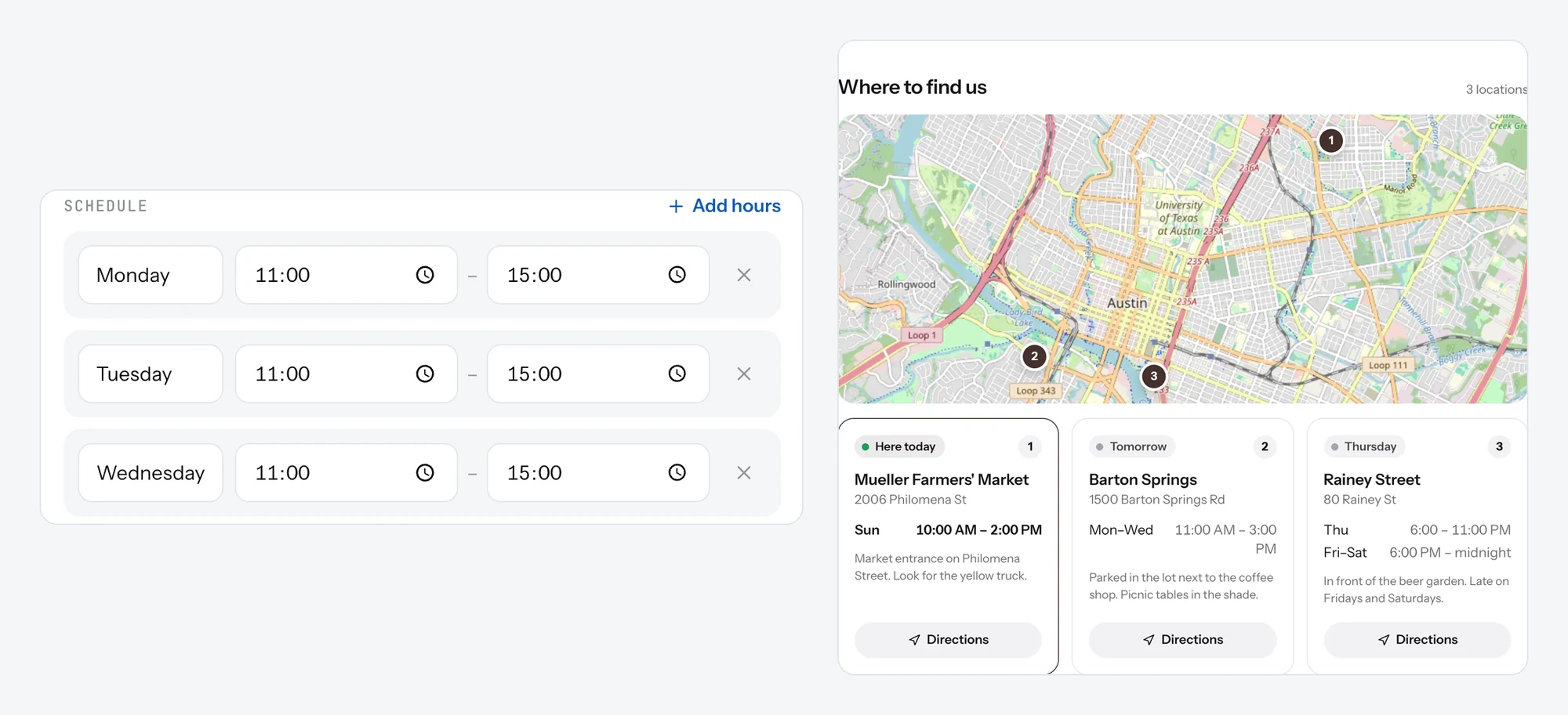 Schedule rows for a spot on the left, and the locations on the page on the right: a map with numbered pins and a card for each spot with its hours