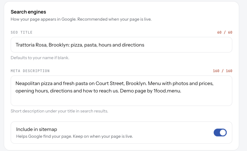 The Search engines block with the SEO title, the meta description and the Include in sitemap switch