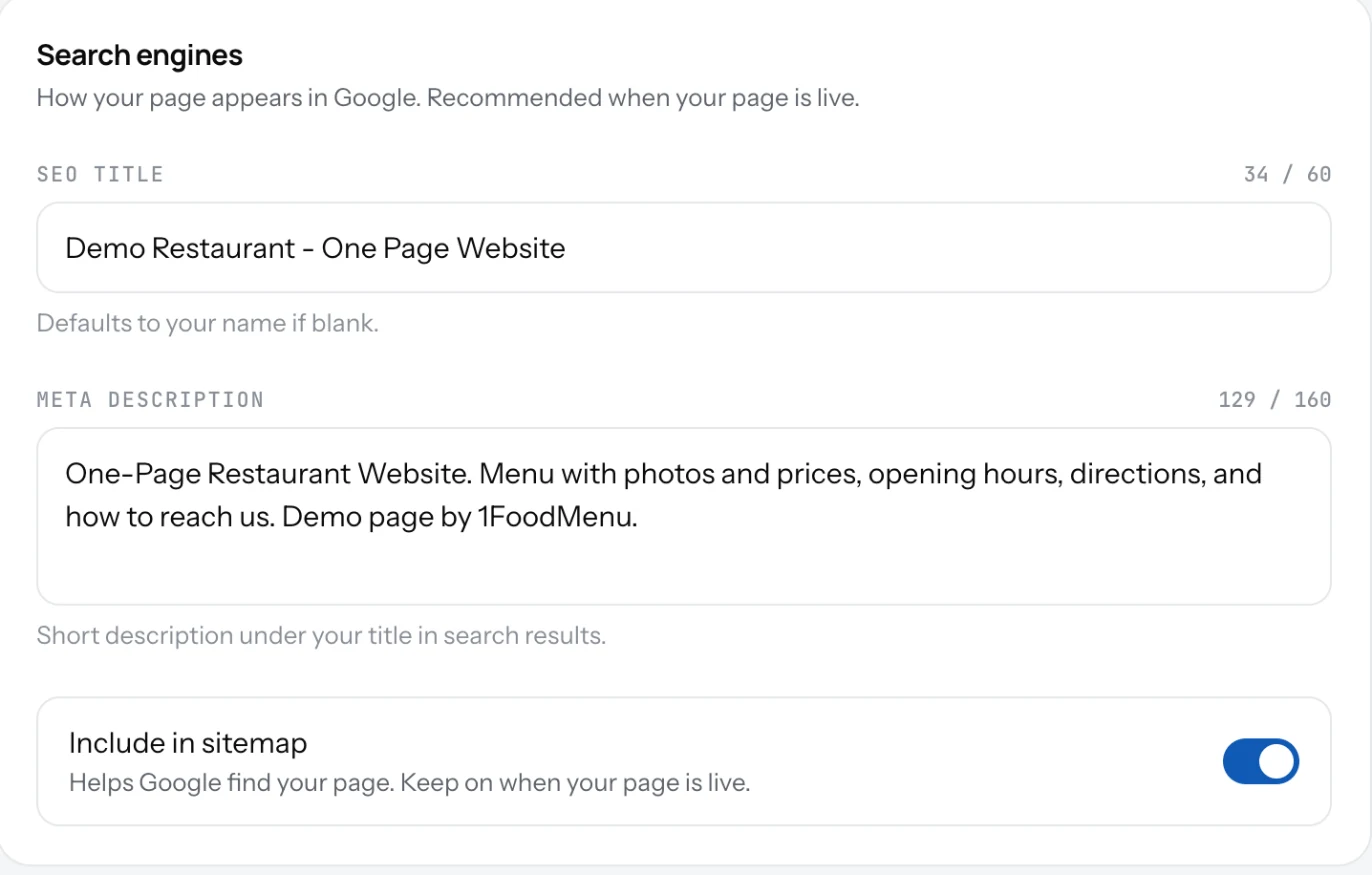 The Search engines block with the SEO title, the meta description and the Include in sitemap switch