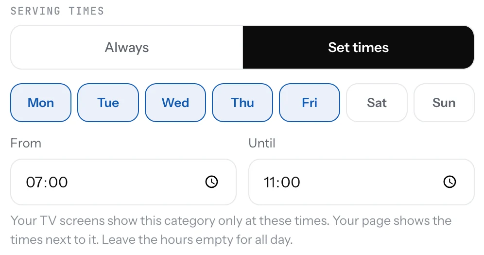 The category form with Serving times set to Set times, weekdays picked, from 7:00 until 11:00
