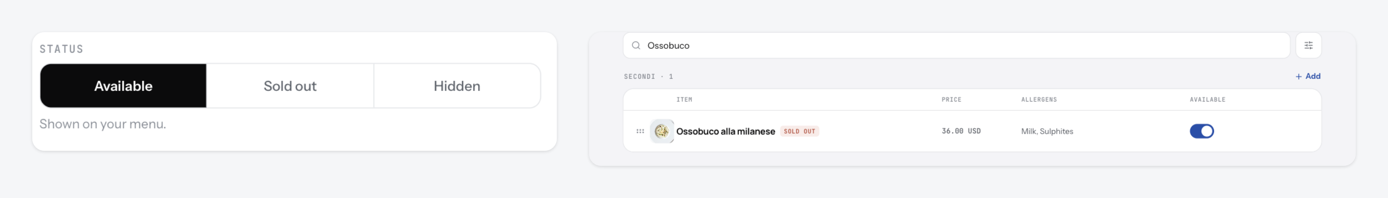 The status control in the item editor showing Available, Sold out and Hidden, and a dish marked Sold out in the list