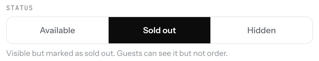 The status control in the item editor with Available, Sold out and Hidden, and Sold out picked