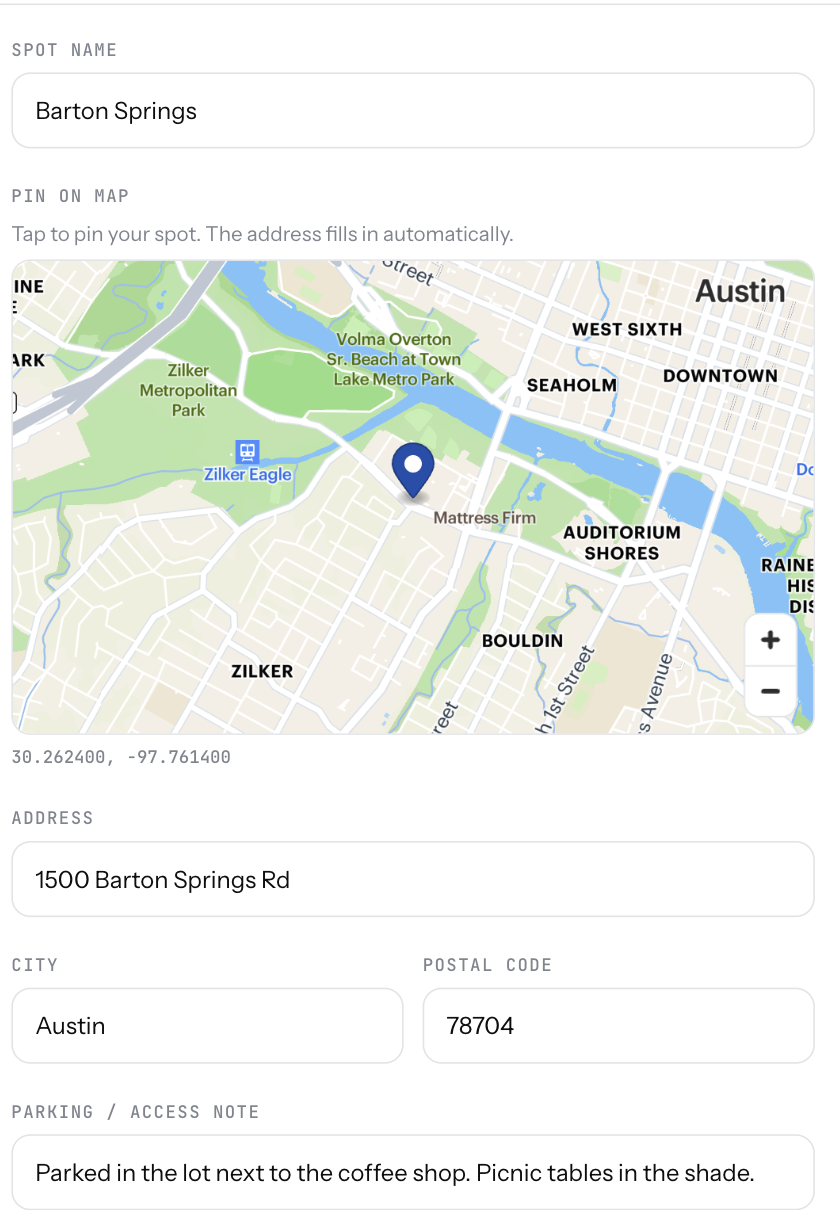 The spot editor with a pin on the map, the address filled in and a parking note
