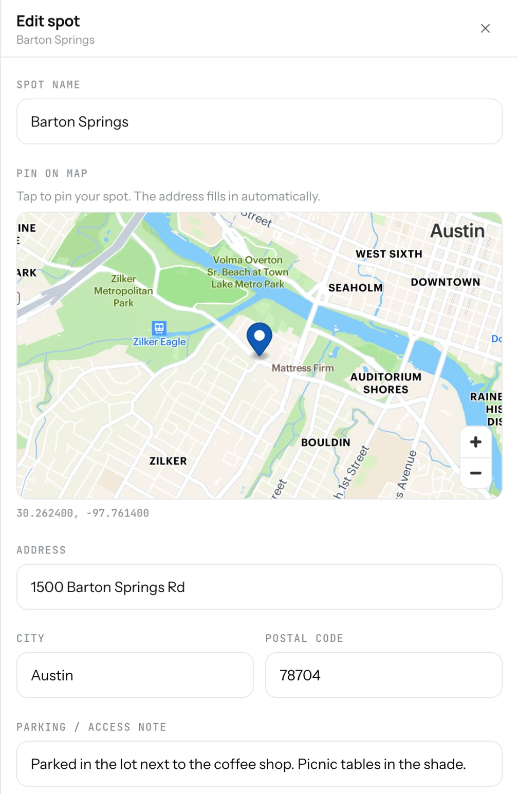The spot editor with a pin on the map, the address filled in and a parking note