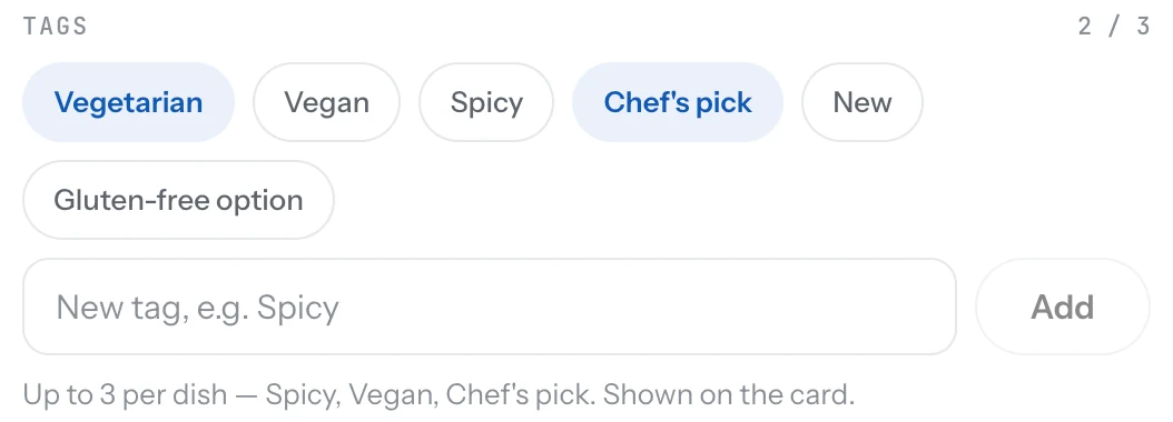 The Tags field in the item editor with Vegetarian and Chef's pick selected and the counter at 2 of 3