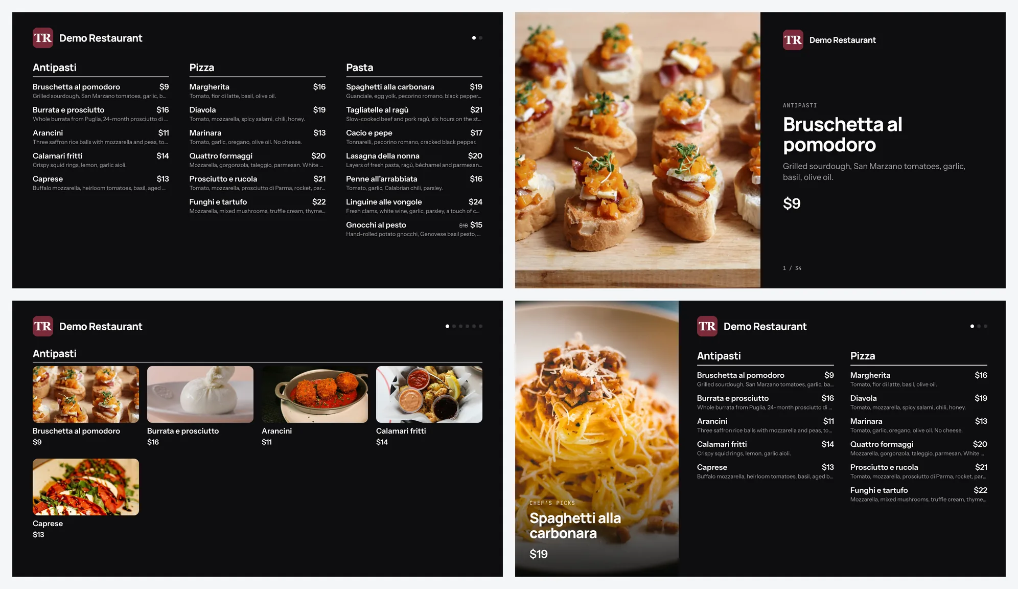The four TV designs side by side: a menu board, a photo slideshow, a photo grid and a spotlight