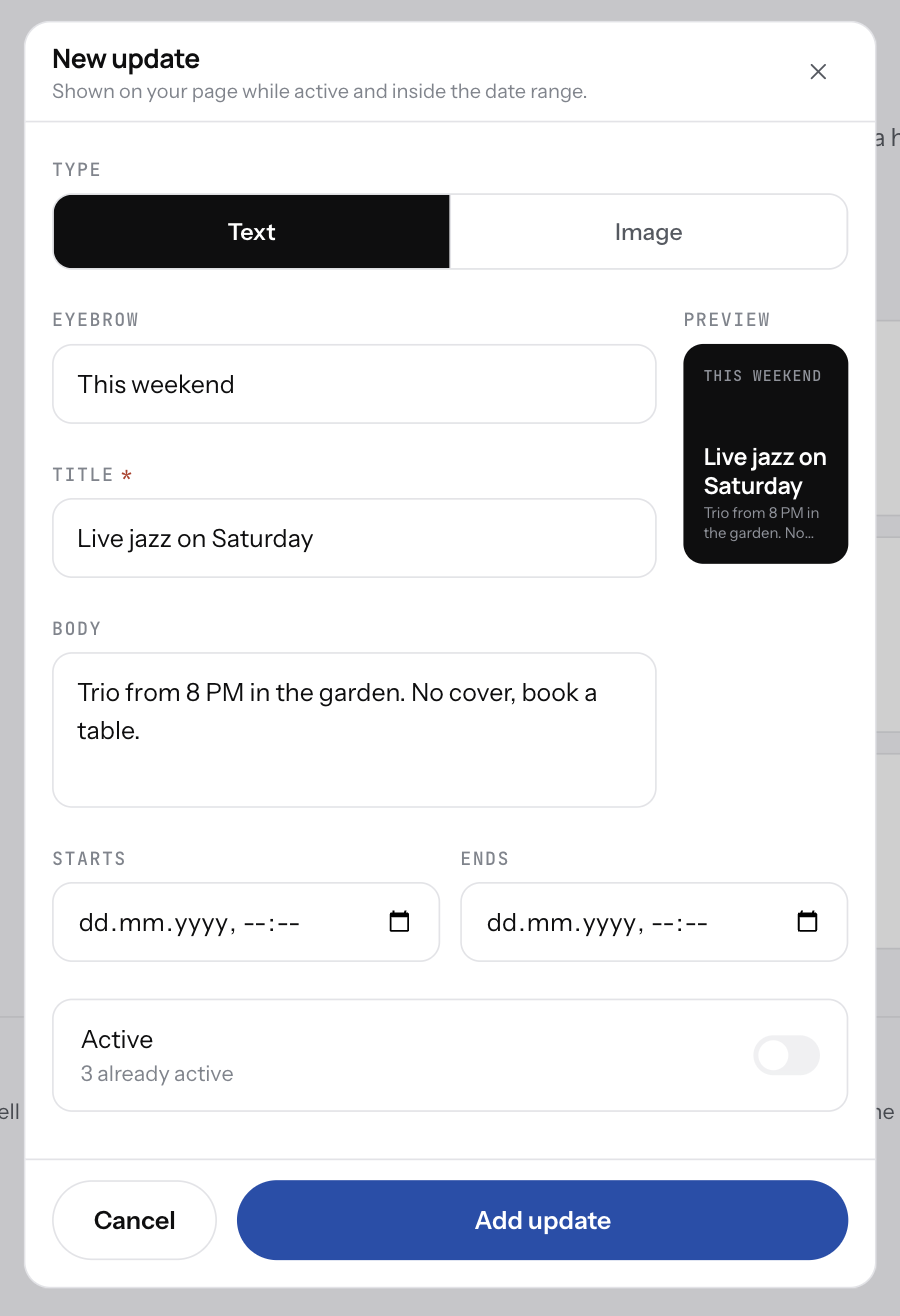 The update editor with eyebrow, title and body filled in, and the live card preview on the right