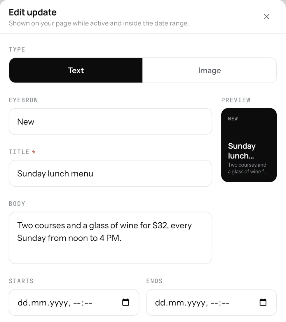The update editor with eyebrow, title and body filled in, and the live card preview on the right