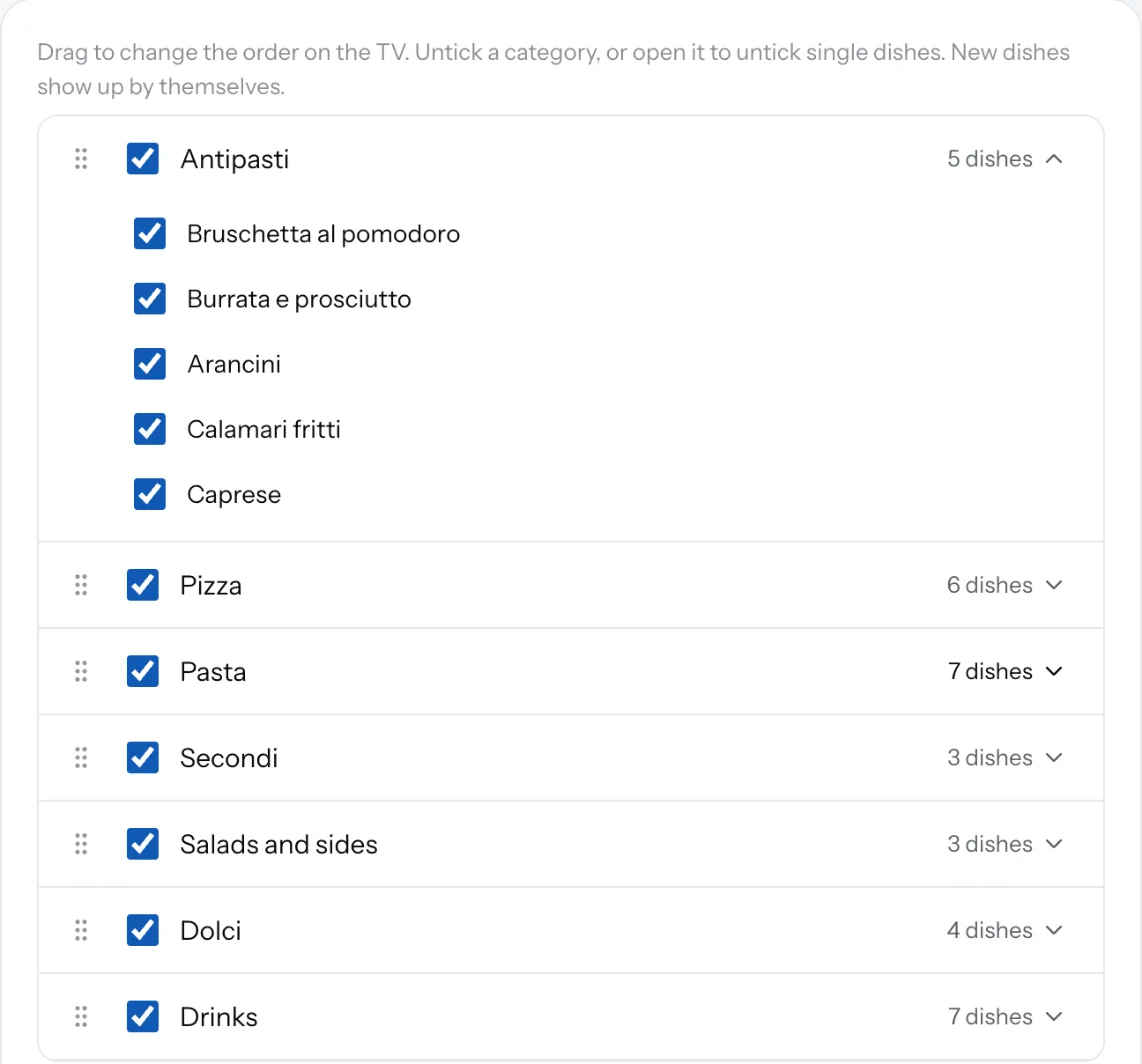 The What's on this screen card with a list of categories, checkboxes and drag handles