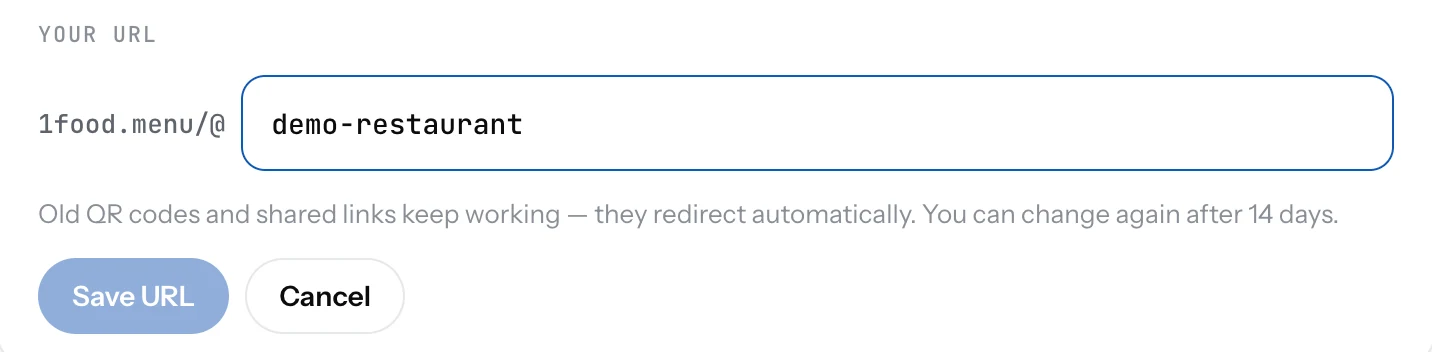 The Your URL row with the editable name after 1food.menu/@