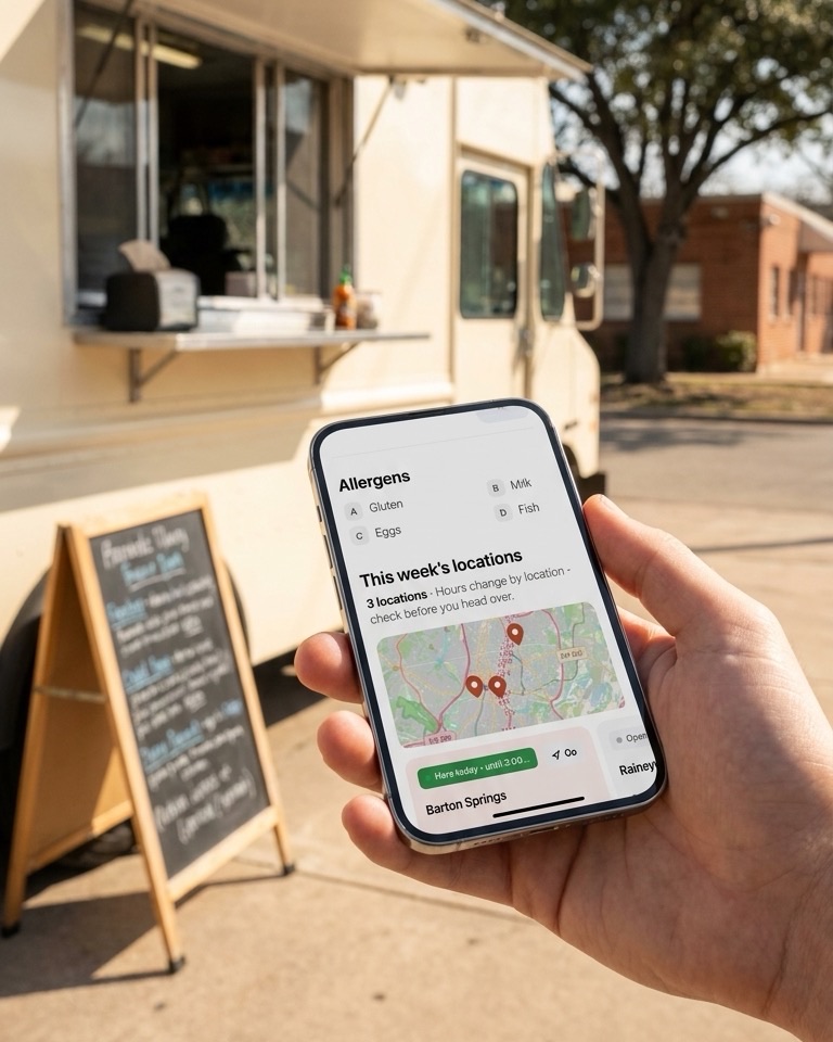 A hand holding a phone in front of a food truck; the screen shows this week's locations on a map and today's spot with its hours