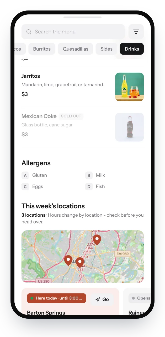 The food truck page on a phone: this week's locations on a map, with today's spot marked and its hours