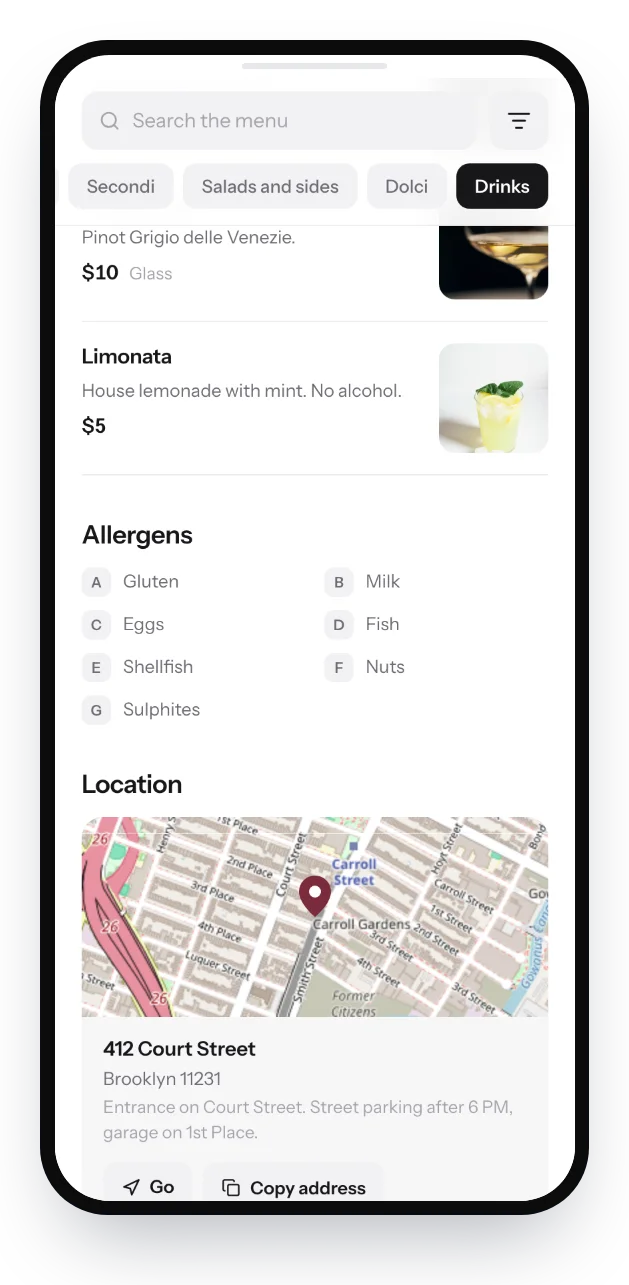 The restaurant page on a phone: the address on a map, a directions button and the opening hours for the week
