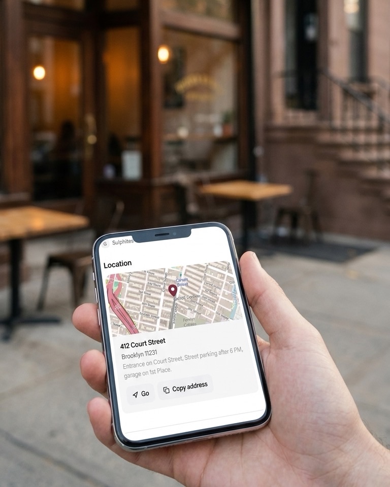 A hand holding a phone outside a small restaurant in Brooklyn; the screen shows the restaurant page with the address on a map and a directions button