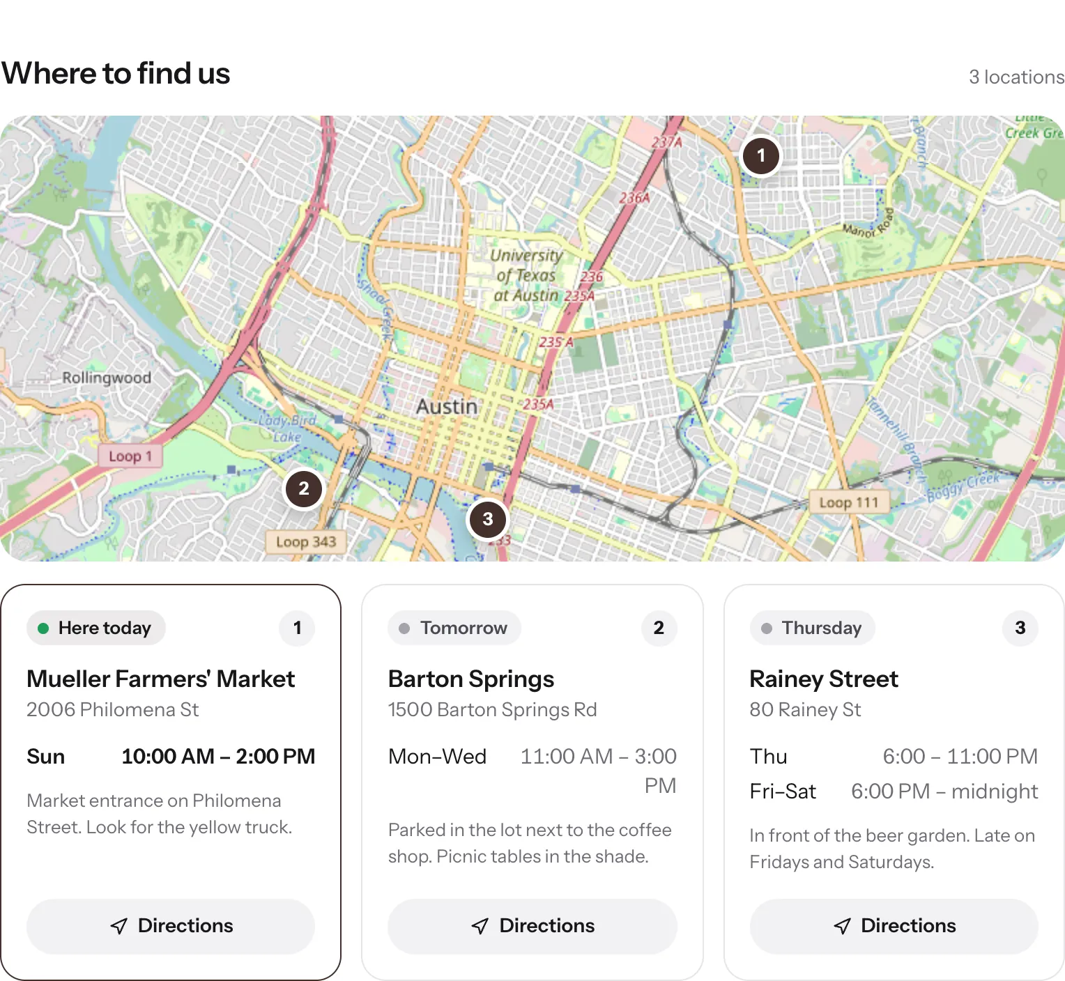 The truck's three locations on a map, with today's spot first and the hours for each